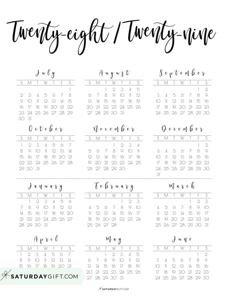 Elegant Printable Twenty Eight Twenty Nine School Calendar 28 29 Black & White | SaturdayGift