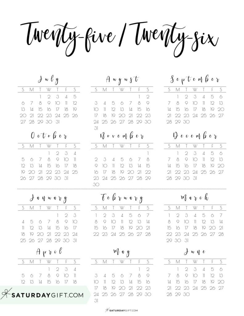 Elegant Printable Twenty Five Twenty Six School Calendar Black & White | SaturdayGift