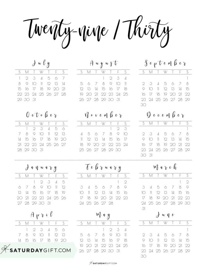 Elegant Printable Twenty Nine Thirty School Calendar 29 30 Black & White | SaturdayGift