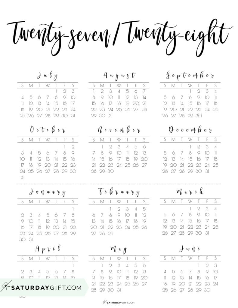 Elegant Printable Twenty Seven Twenty Eight School Calendar 27 28 Black & White | SaturdayGift
