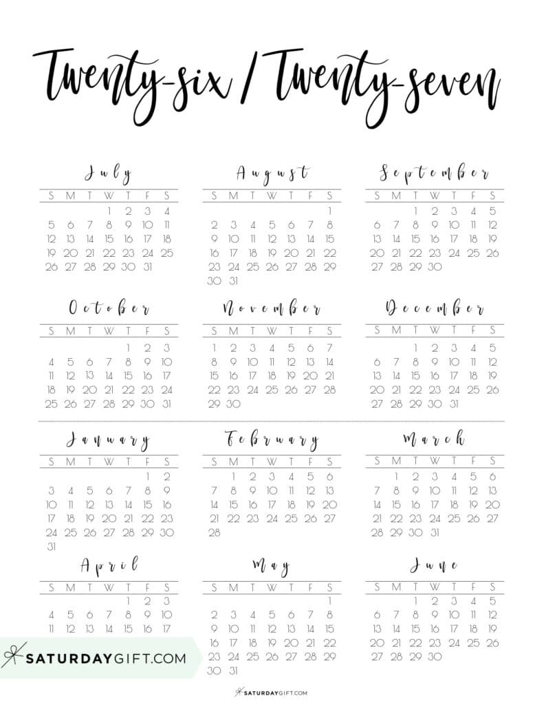 Elegant Printable Twenty Six Twenty Seven School Calendar 26 27 Black & White | SaturdayGift