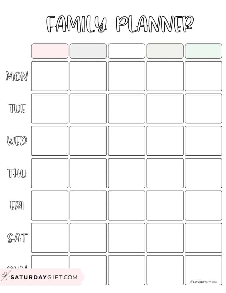 Family calendar weekly planner - free printable family planner vertical | SaturdayGift