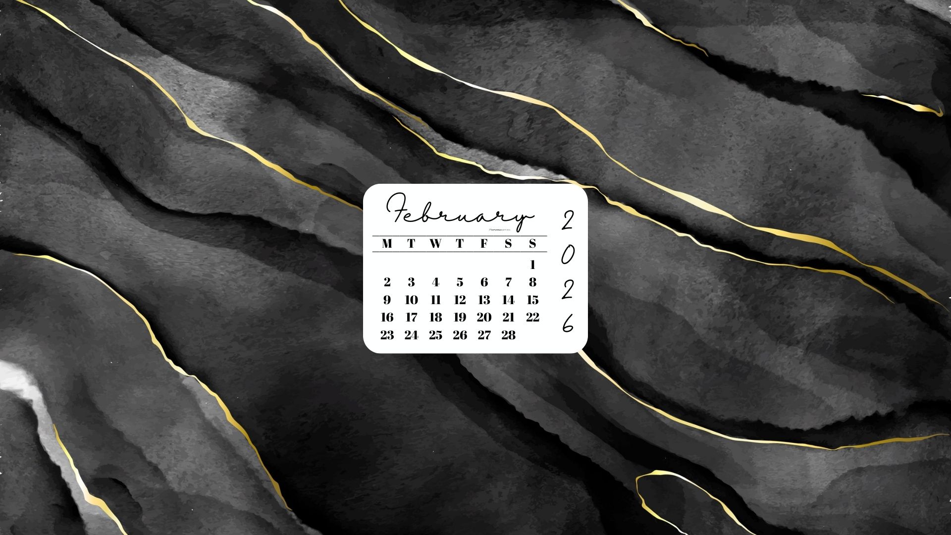February 2026 Desktop Wallpaper Background - Black & Gold Watercolor | SaturdayGift