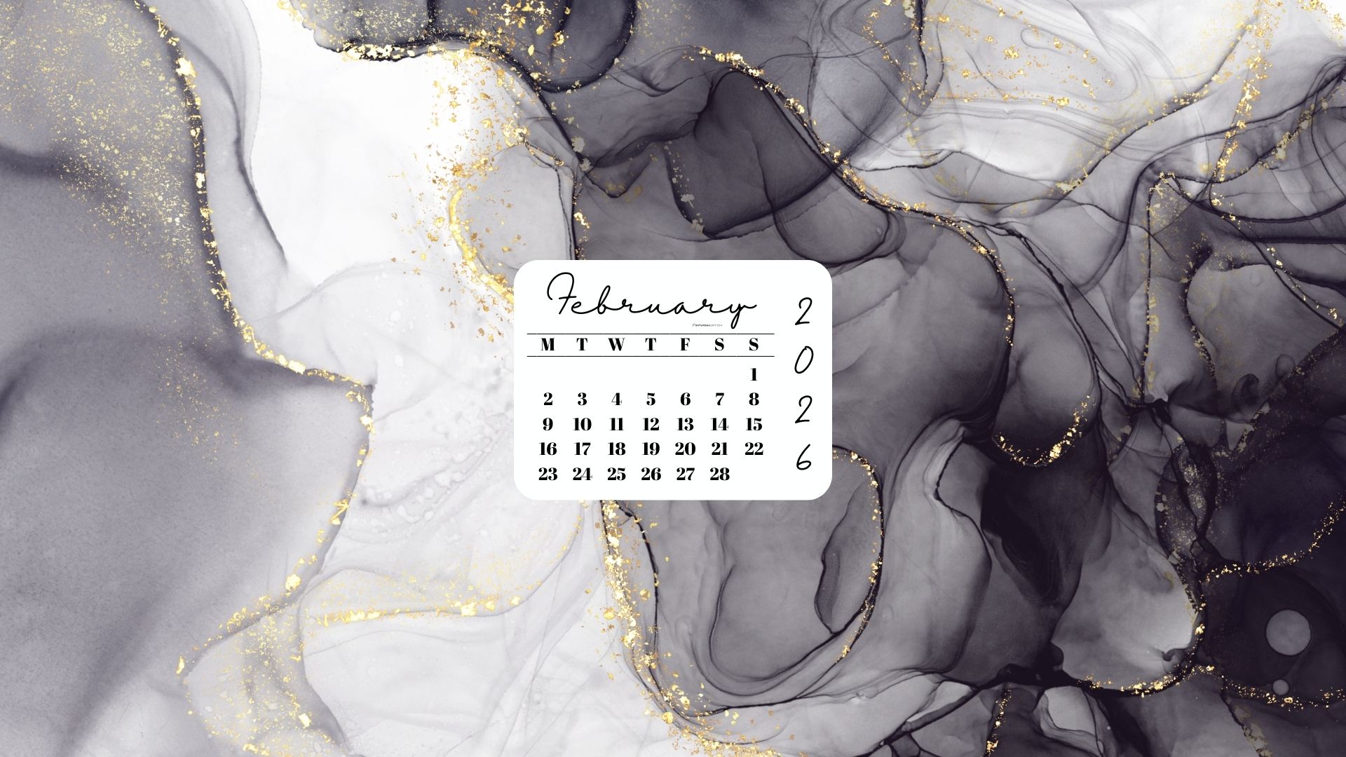 February 2026 Desktop Wallpaper Background - Grey & Gold | SaturdayGift