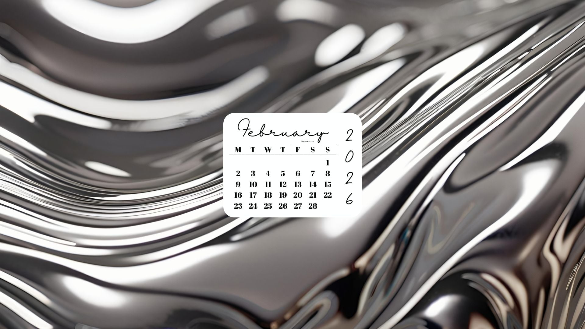 February 2026 Desktop Wallpaper Background - Liquid Silver | SaturdayGift