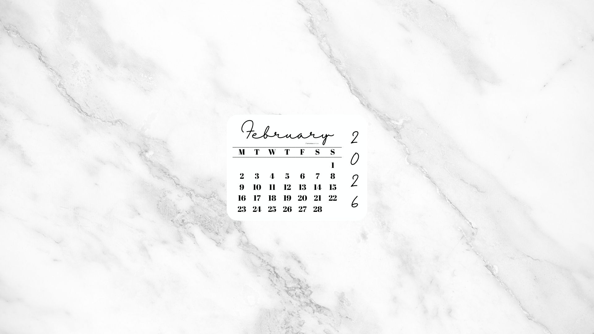 February 2026 Desktop Wallpaper Background - White Marble | SaturdayGift