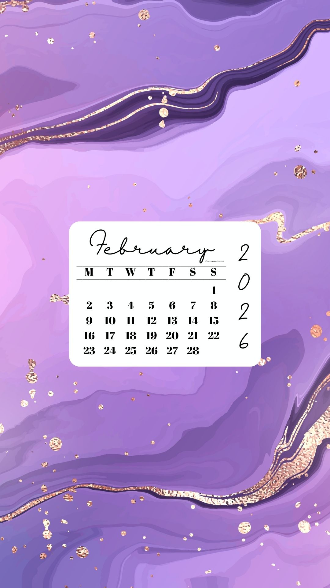 February 2026 Phone Wallpaper Background - Gold & Lilac | SaturdayGift