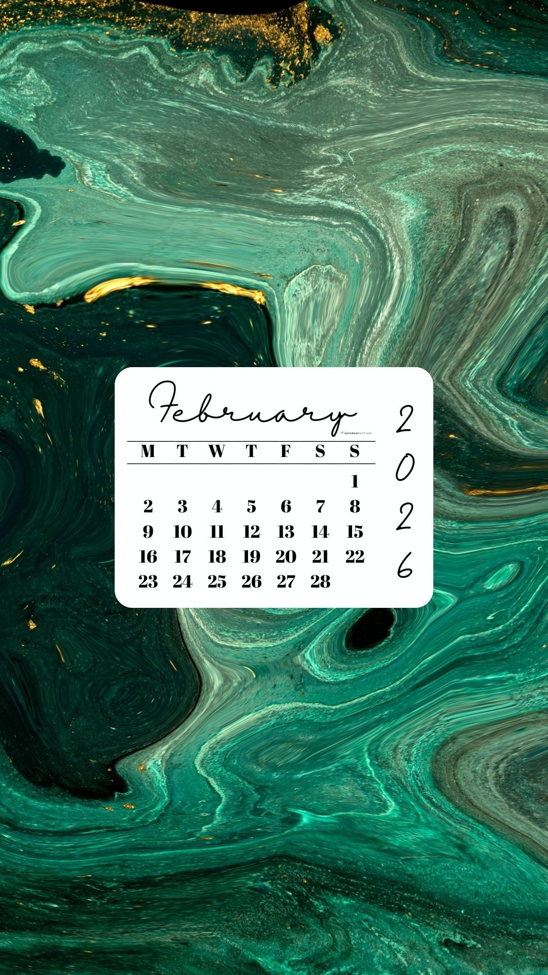 February 2026 Phone Wallpaper Background - Green & Gold | SaturdayGift