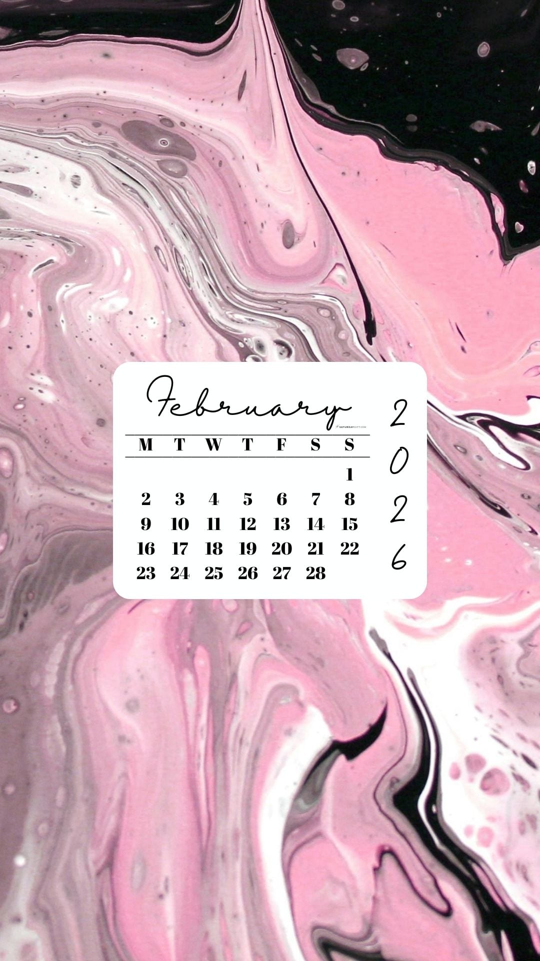 February 2026 Phone Wallpaper Background - Pink & Black | SaturdayGift