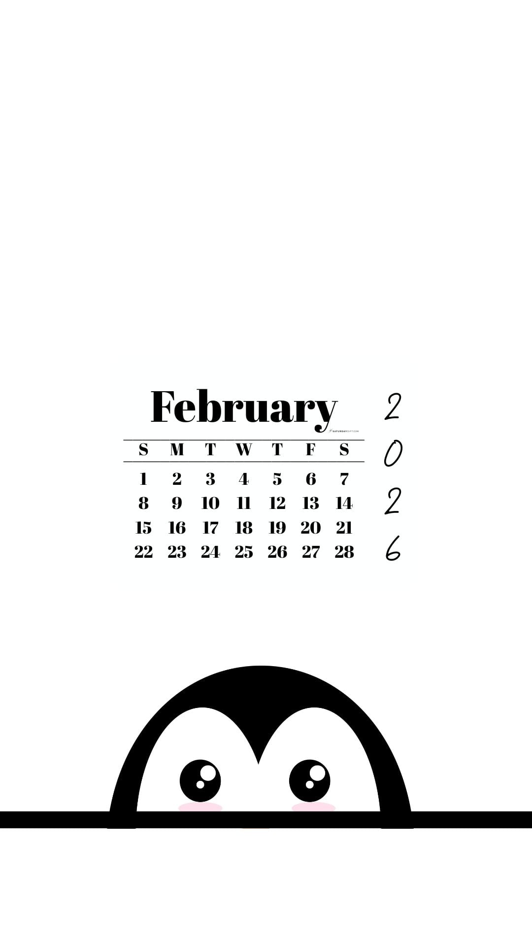 February 2026 Wallpaper for Phone - Shy Penguin | SaturdayGift