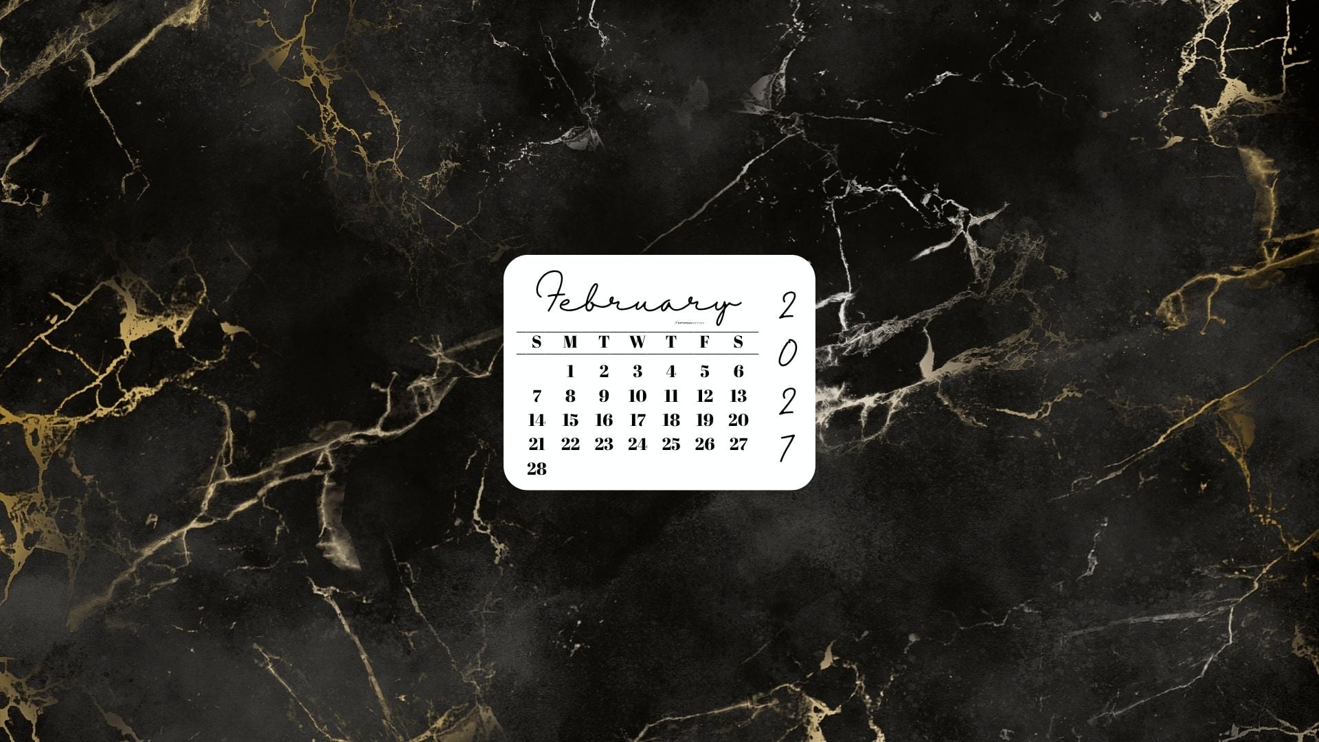 February 2027 Desktop Wallpaper Background - Black & Gold Marble | SaturdayGift
