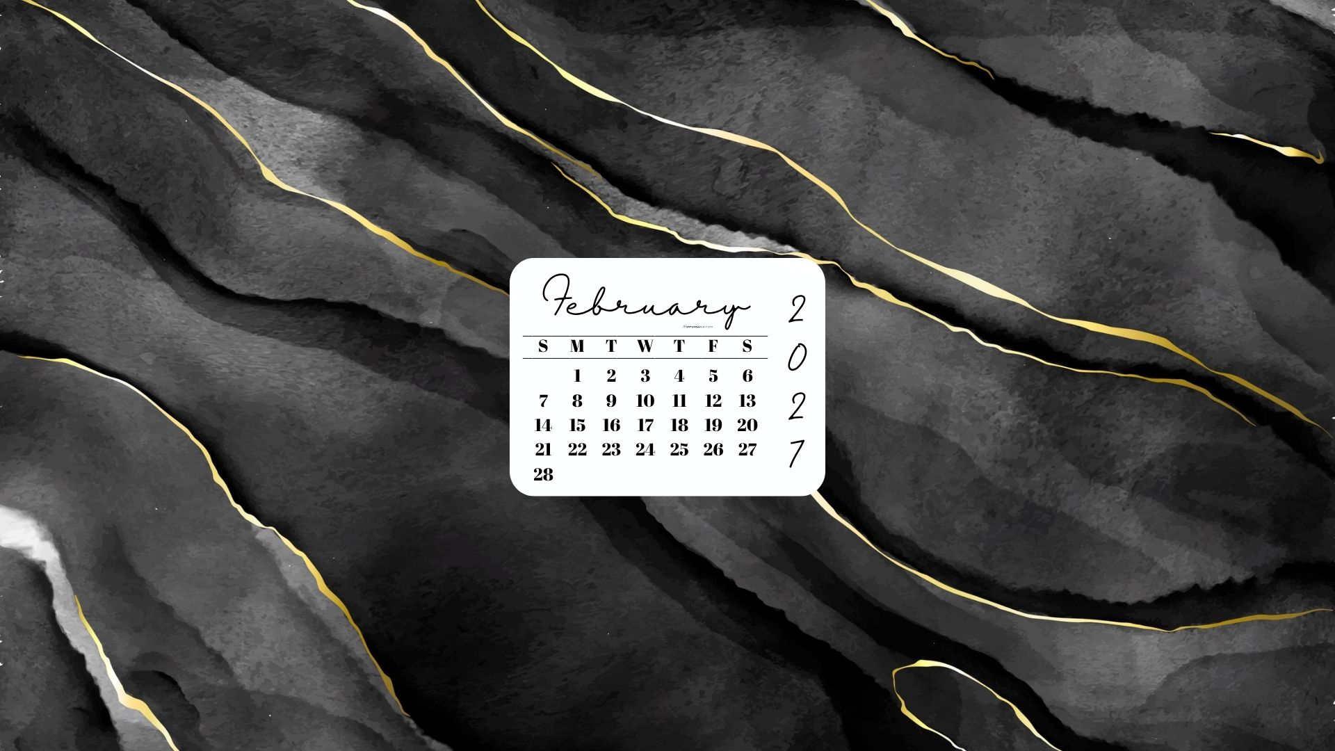 February 2027 Desktop Wallpaper Background - Black & Gold Watercolor | SaturdayGift