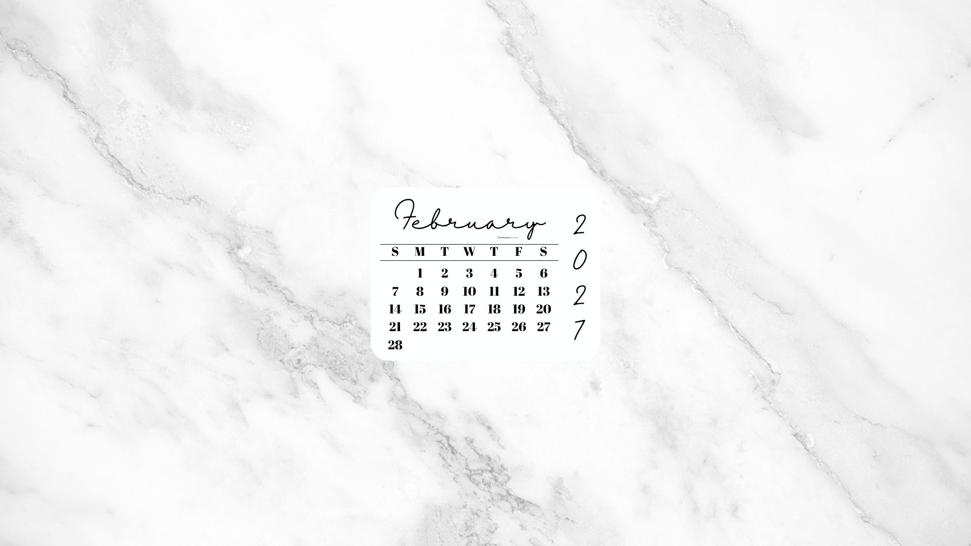 February 2027 Desktop Wallpaper Background - White Marble | SaturdayGift
