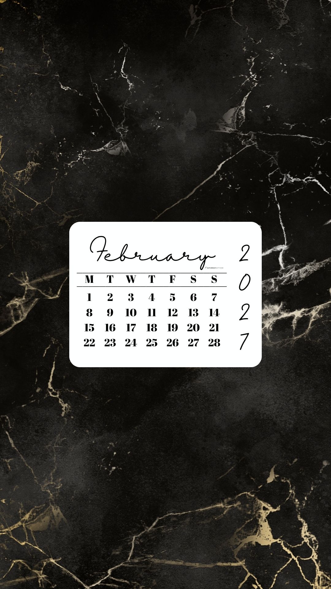 February 2027 Phone Wallpaper Background - Black & Gold Marble | SaturdayGift