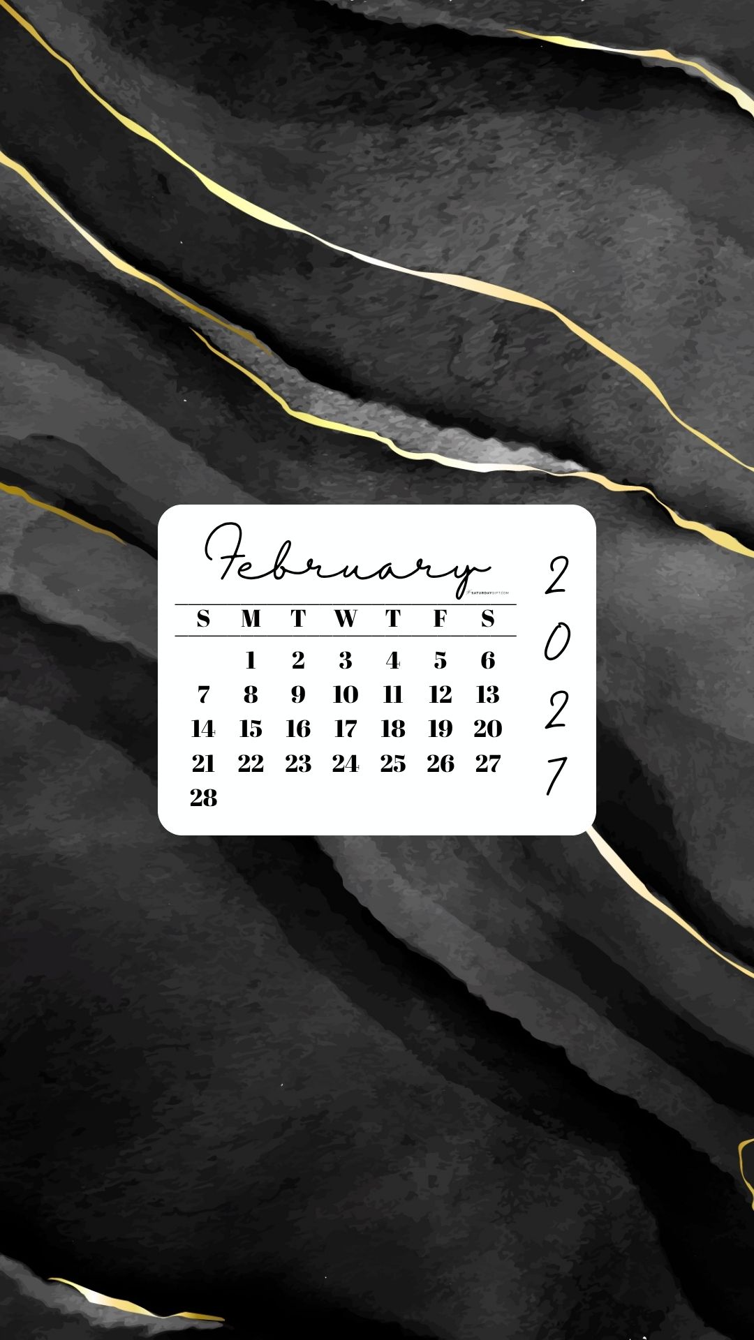 February 2027 Phone Wallpaper Background - Black & Gold Watercolor | SaturdayGift