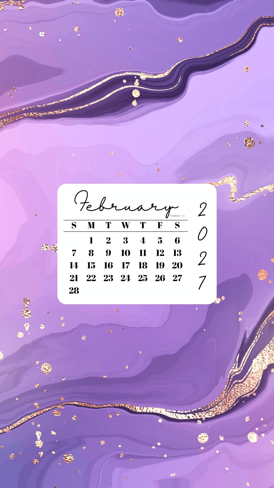 February 2027 Phone Wallpaper Background - Gold & Lilac | SaturdayGift