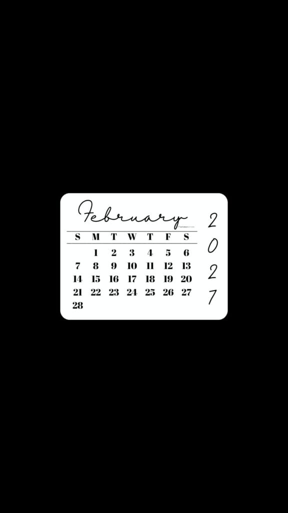 February 2027 Phone Wallpaper Background - Minimal Black | SaturdayGift