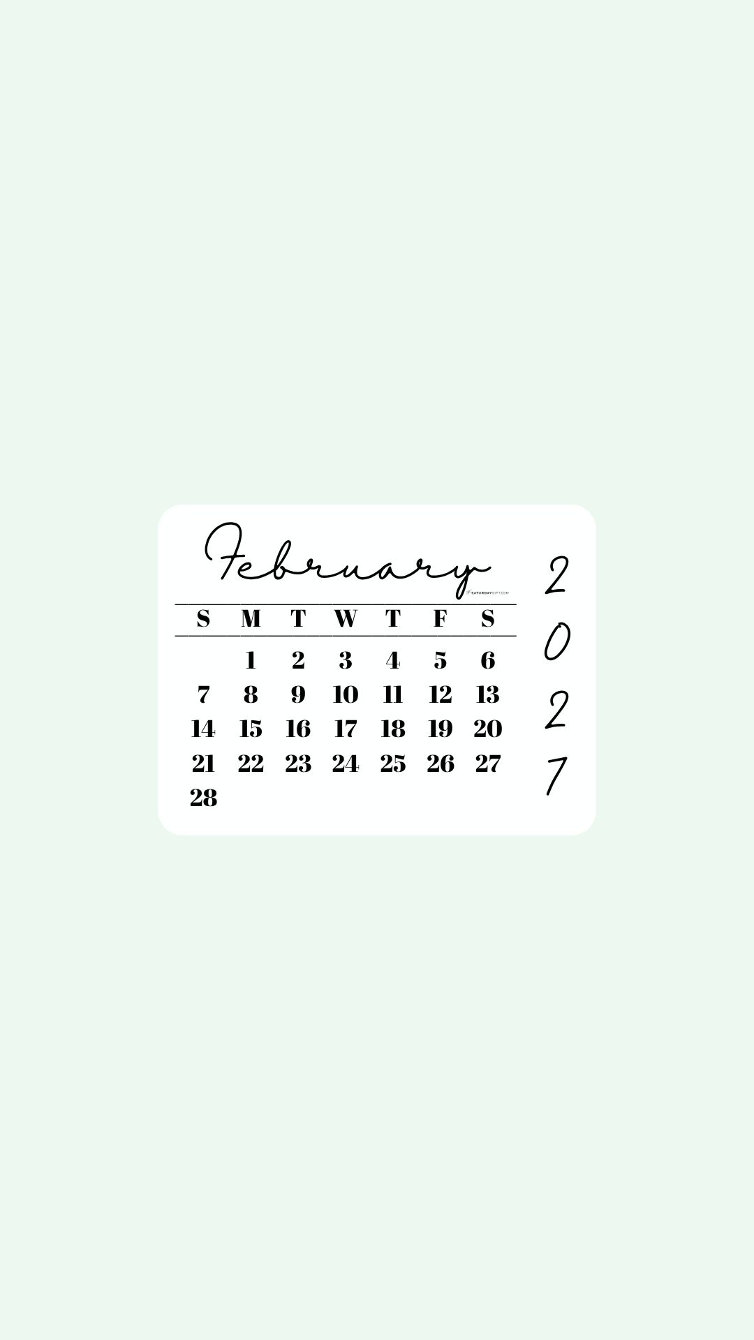 February 2027 Phone Wallpaper Background - Simple Green | SaturdayGift