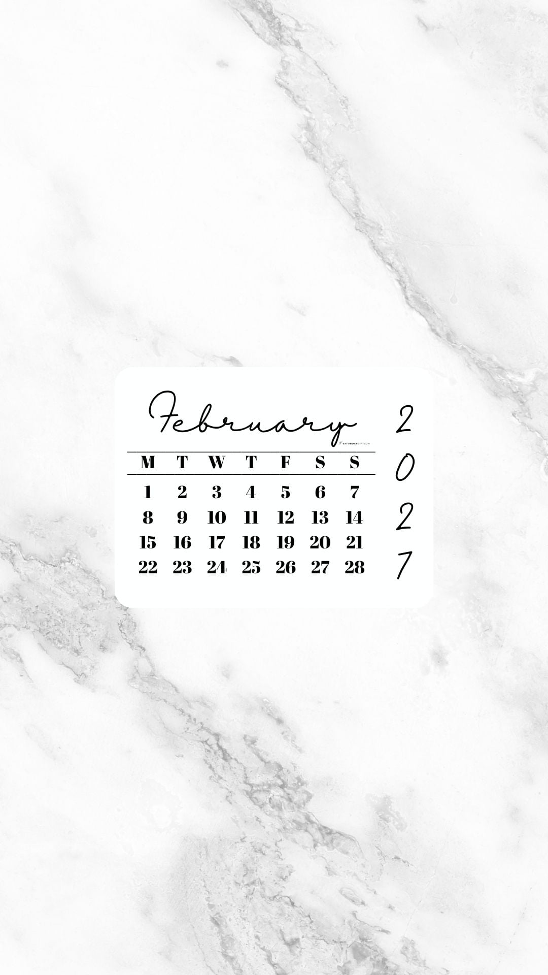 February 2027 Phone Wallpaper Background - White Marble | SaturdayGift