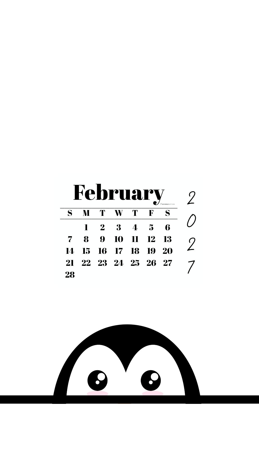 February 2027 Wallpaper for Phone - Shy Penguin | SaturdayGift