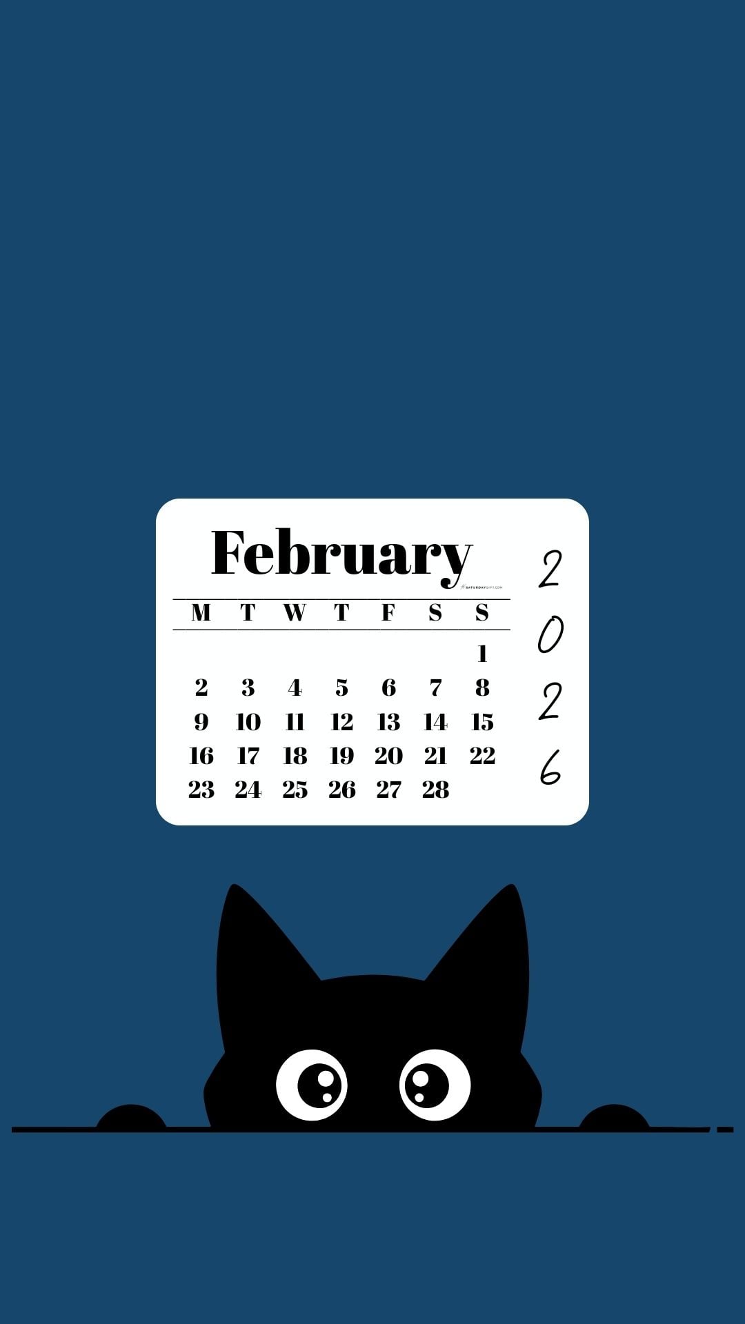February Calendar 2026 Phone Background - Shy Cat Blue | SaturdayGift