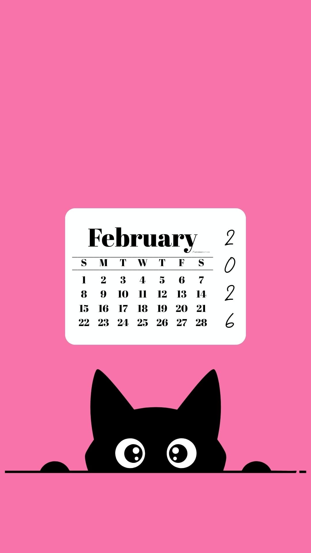 February Calendar 2026 Phone Background - Shy Cat Pink | SaturdayGift