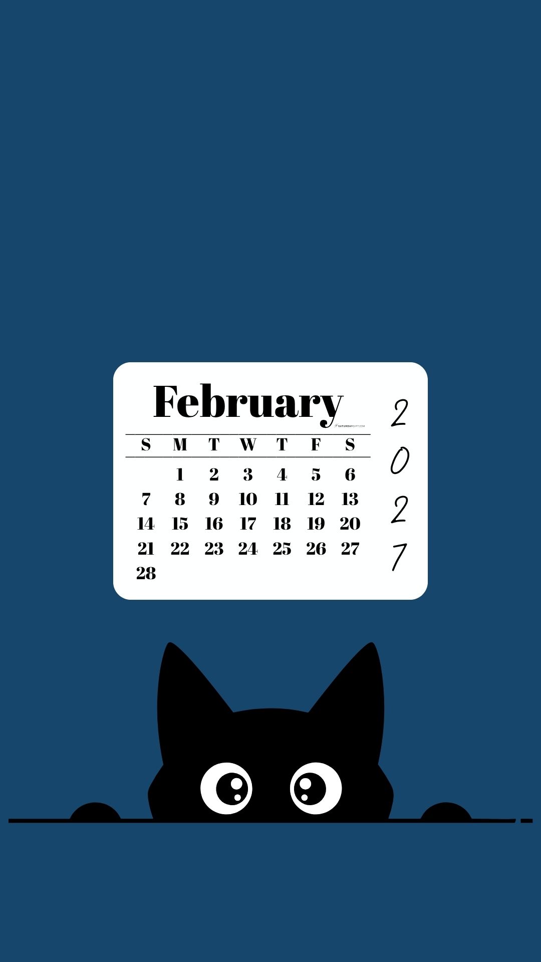 February Calendar 2027 Phone Background - Shy Cat Blue | SaturdayGift