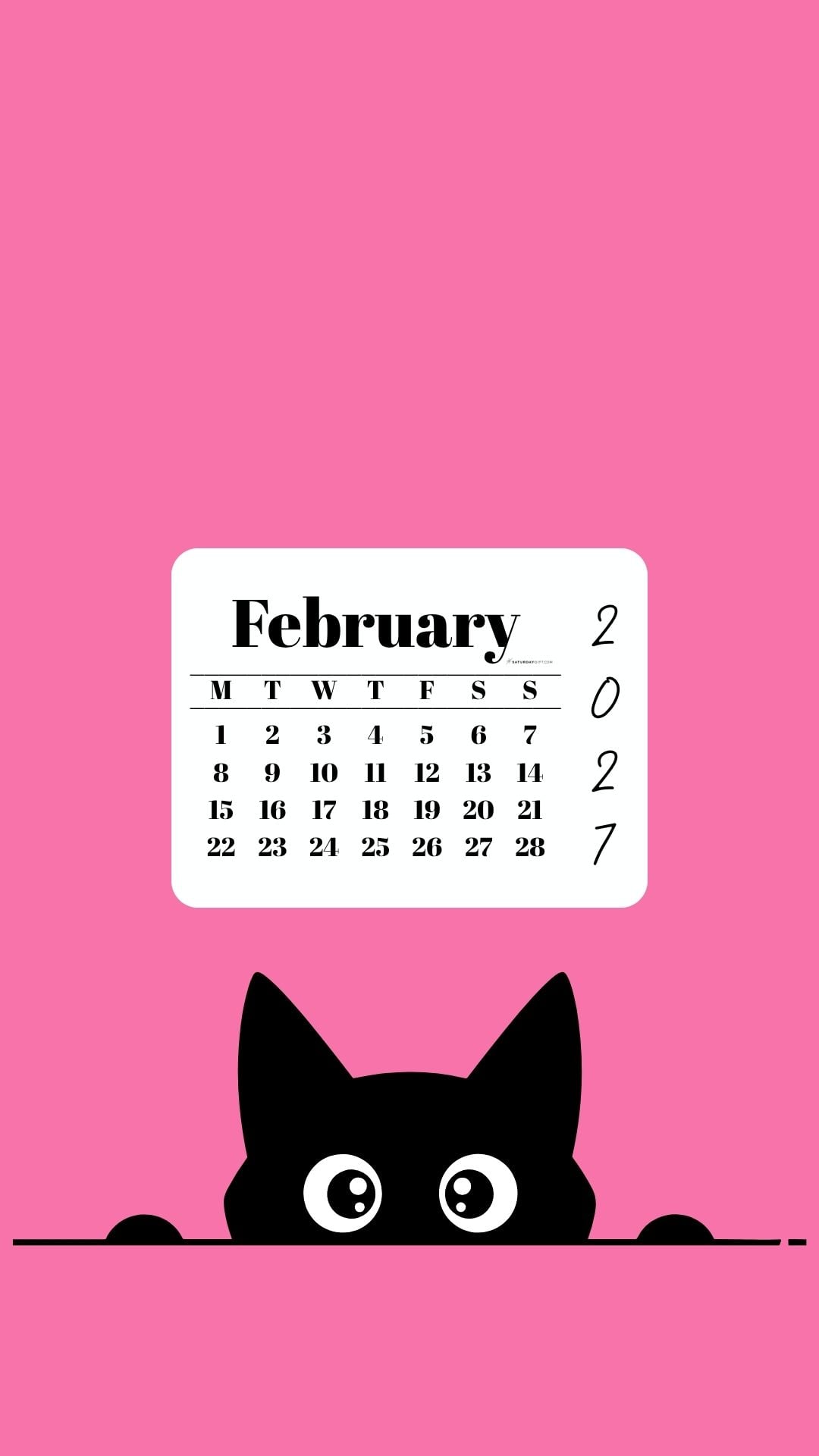February Calendar 2027 Phone Background - Shy Cat Pink | SaturdayGift