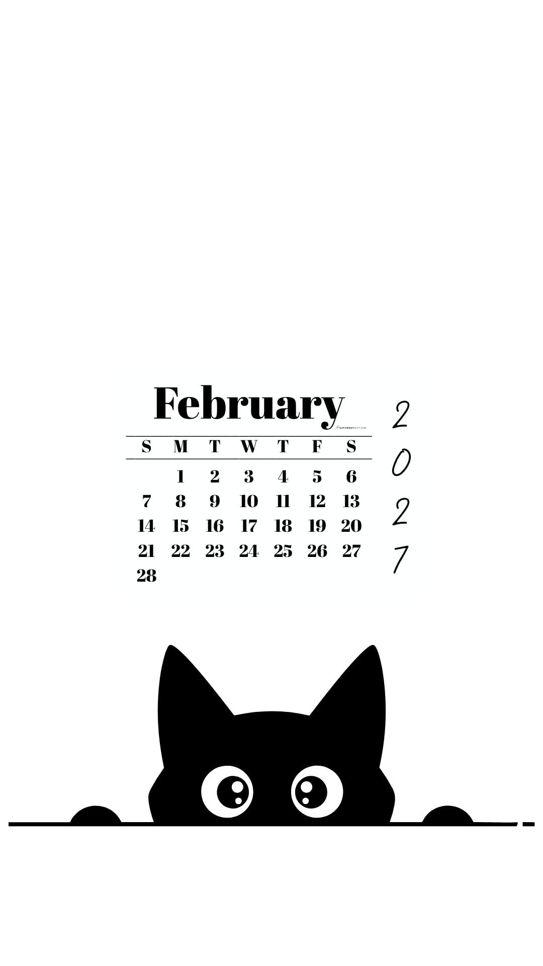 February Calendar 2027 Phone Background - Shy Cat White | SaturdayGift