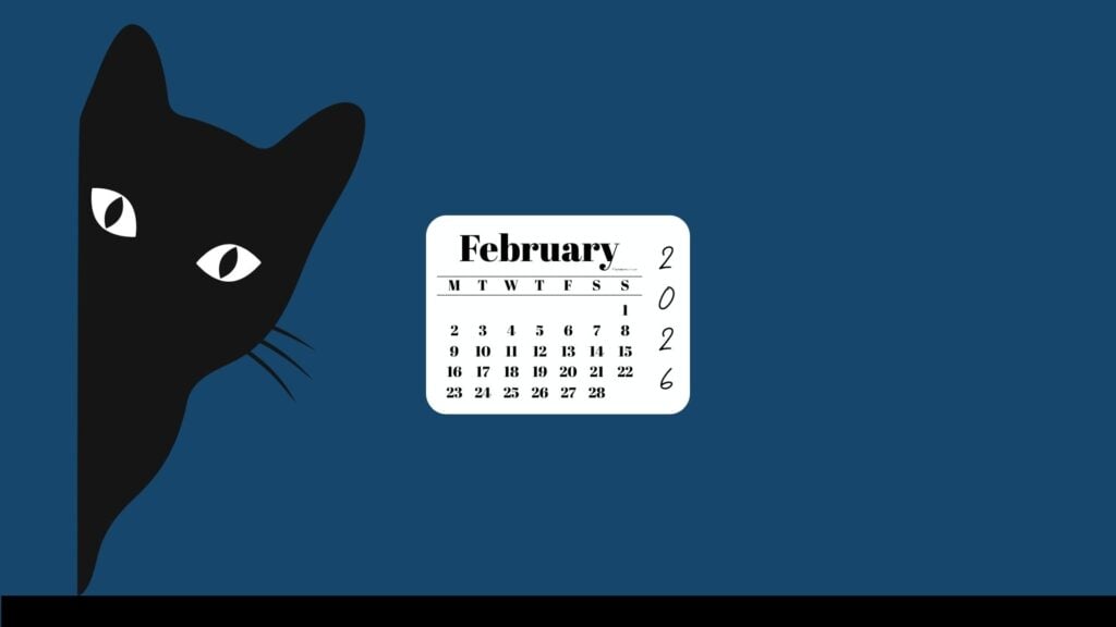 February Desktop Wallpaper 2026 - Black Cat Blue Background | SaturdayGift