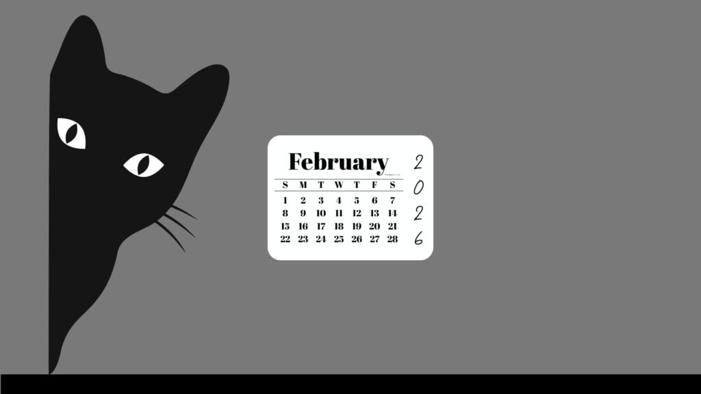 February Desktop Wallpaper 2026 - Black Cat Grey Background | SaturdayGift