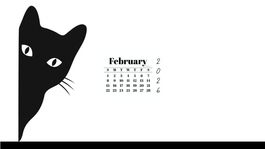 February Desktop Wallpaper 2026 - Black Cat White Background | SaturdayGift