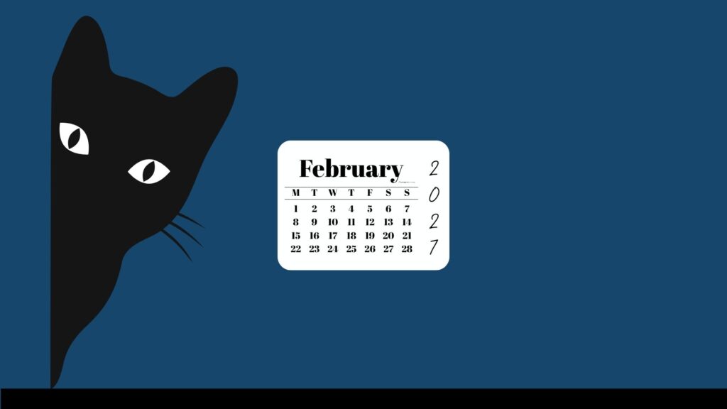 February Desktop Wallpaper 2027 - Black Cat Blue Background | SaturdayGift