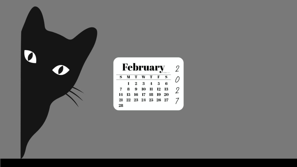 February Desktop Wallpaper 2027 - Black Cat Grey Background | SaturdayGift