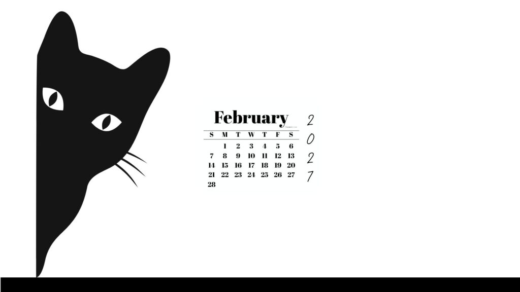 February Desktop Wallpaper 2027 - Black Cat White Background | SaturdayGift