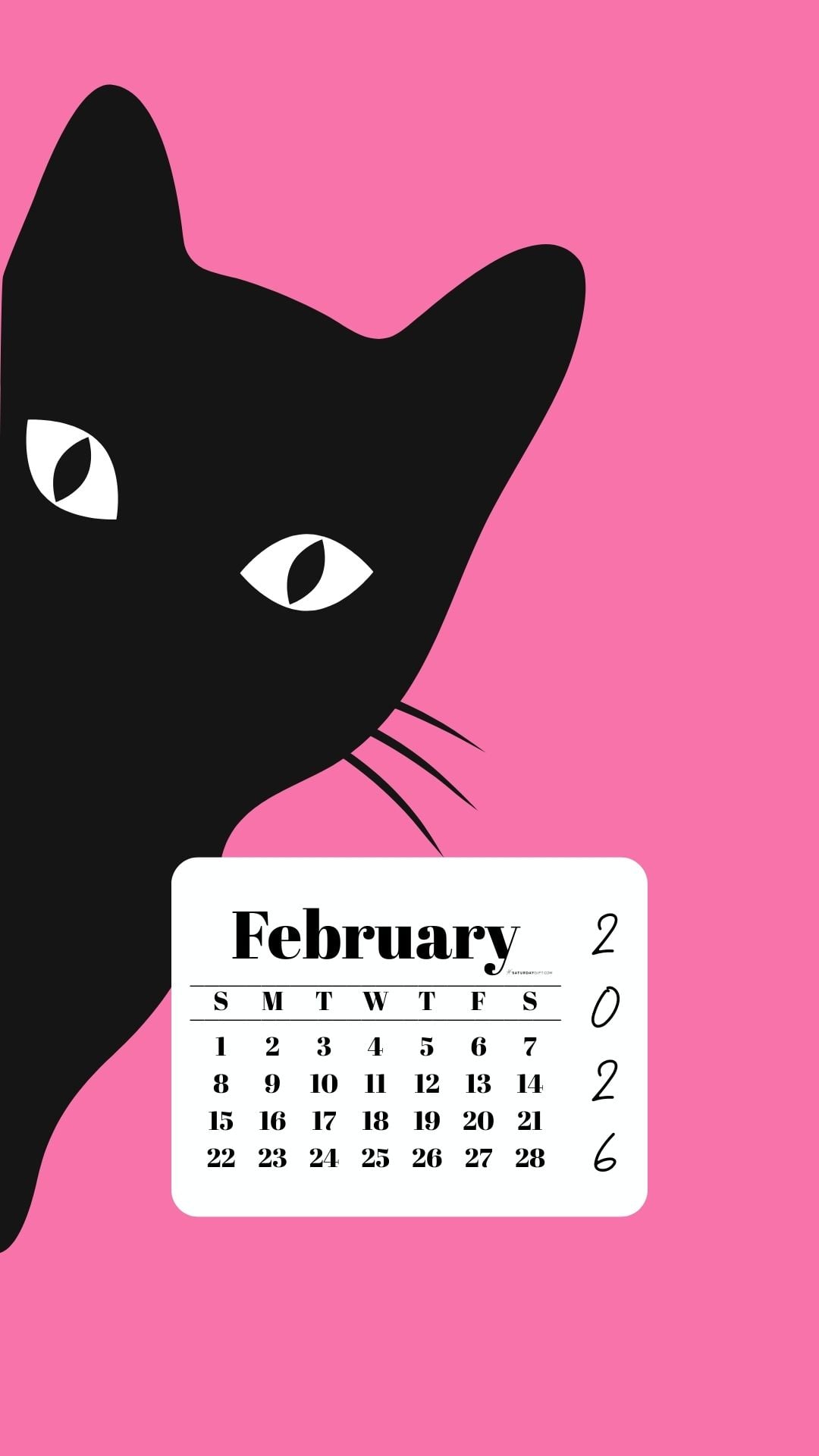 February Phone Wallpaper 2026 - Black Cat Pink Background | SaturdayGift