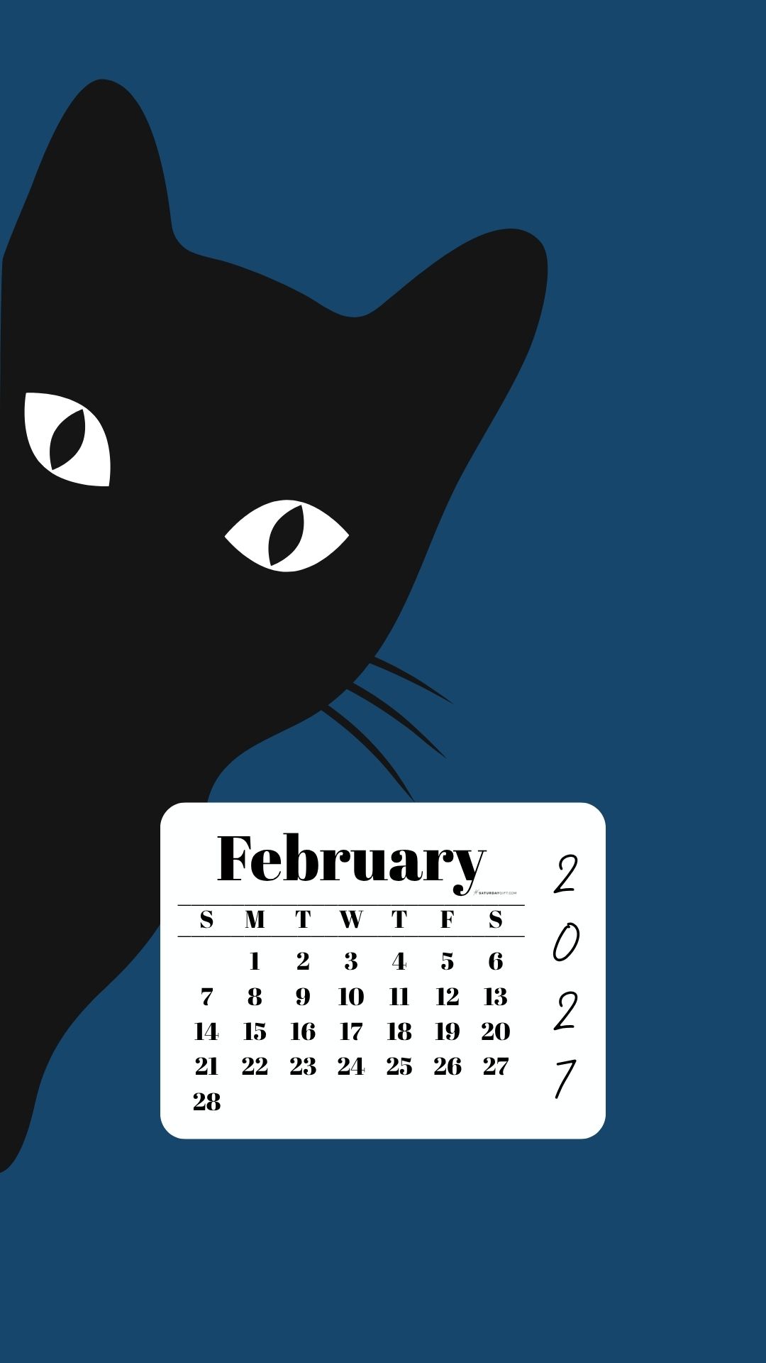 February Phone Wallpaper 2027 - Black Cat Blue Background | SaturdayGift