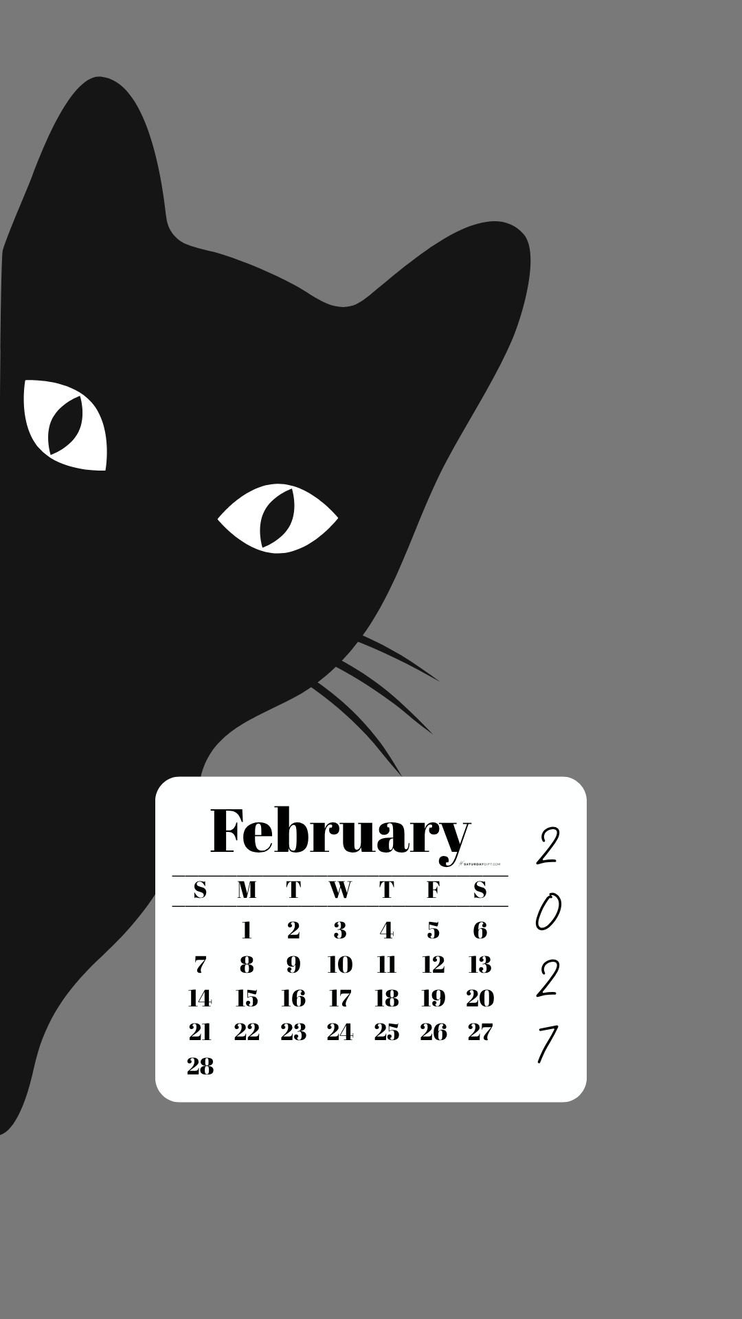 February Phone Wallpaper 2027 - Black Cat Grey Background | SaturdayGift