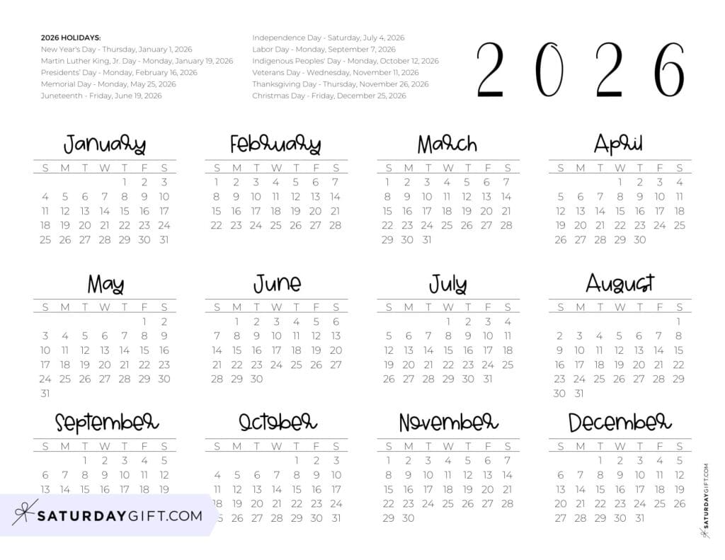 Federal Holidays Calendar 2026 Landscape | SaturdayGift