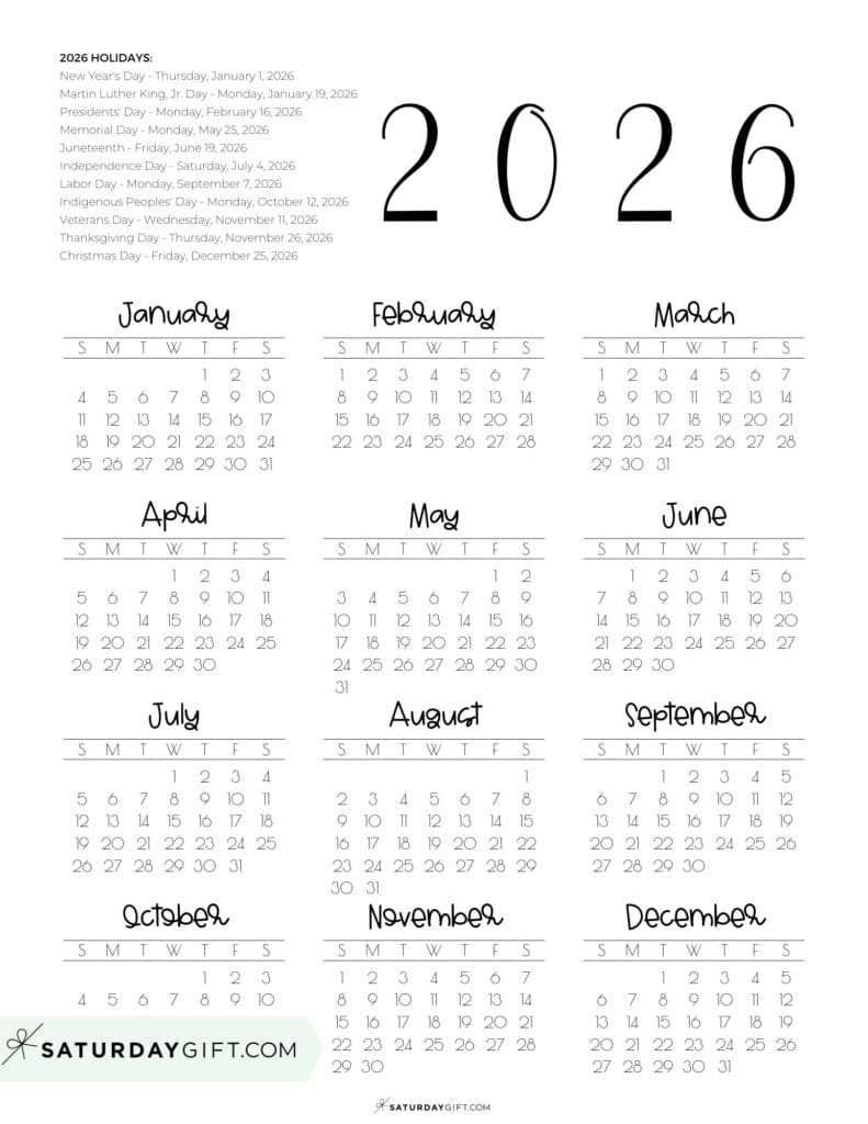 Federal Holidays Calendar 2026 Portrait | SaturdayGift