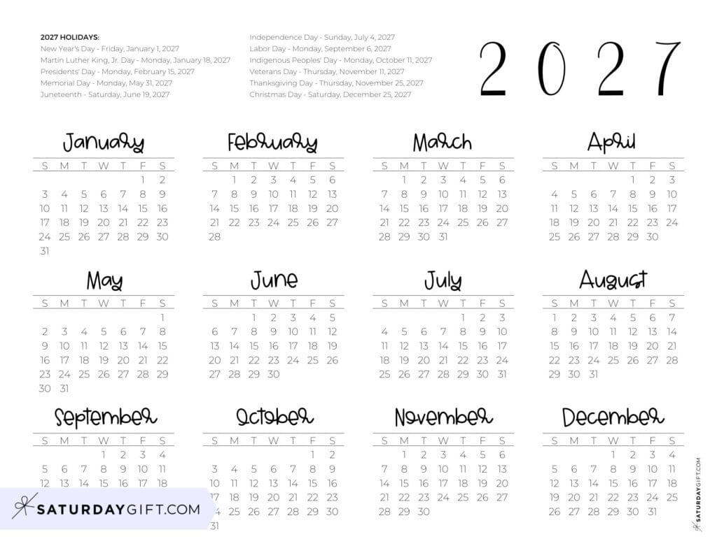 Federal Holidays Calendar 2027 Landscape
