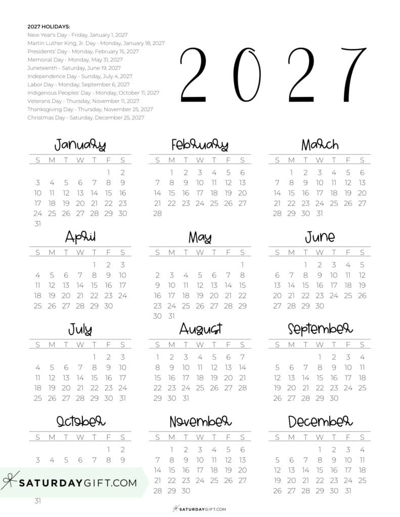 Federal Holidays Calendar 2027 Portrait