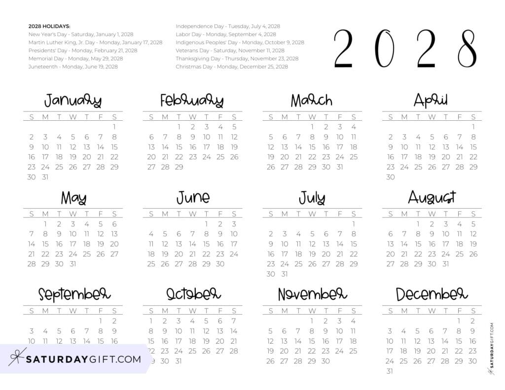 Federal Holidays Calendar 2028 Landscape