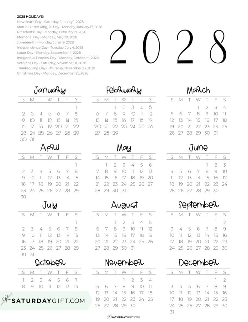 Federal Holidays Calendar 2028 Portrait