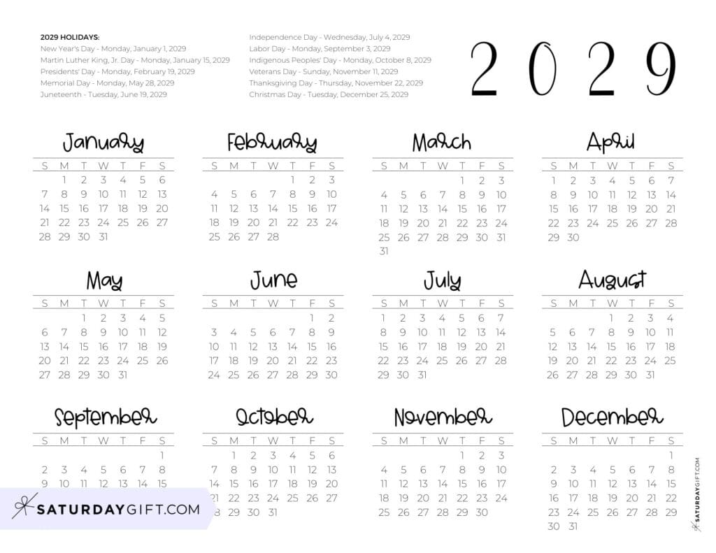 Federal Holidays Calendar 2029 Landscape