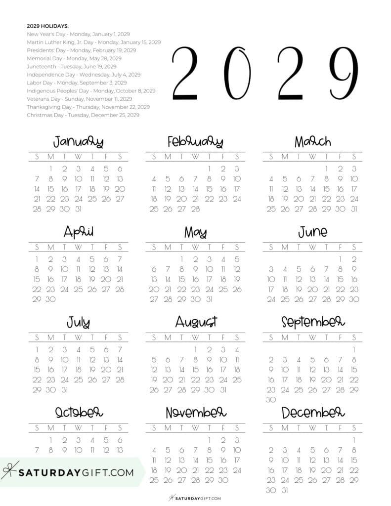 Federal Holidays Calendar 2029 Portrait