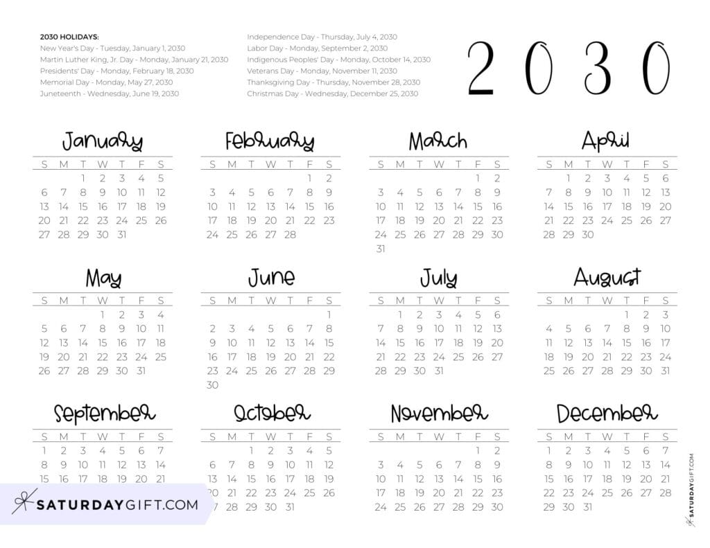 Federal Holidays Calendar 2030 Landscape