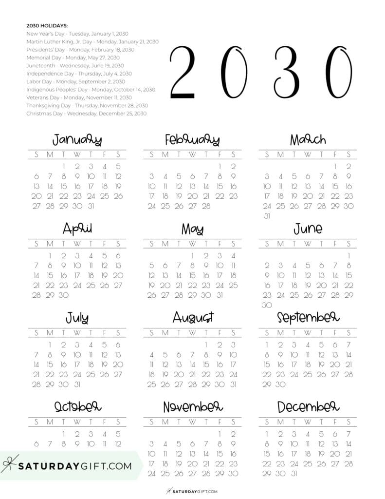 Federal Holidays Calendar 2030 Portrait