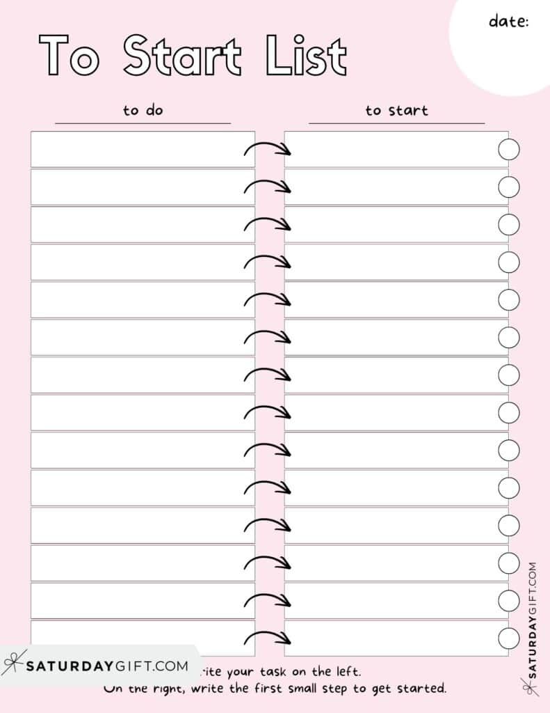 First Step Planner Printable &ndash; Pastel Pink Get Started Checklist with Date | SaturdayGift