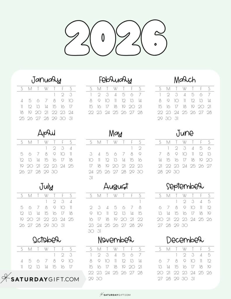 Free 2026 Yearly Calendar PDF Printable One Page Green | SaturdayGift